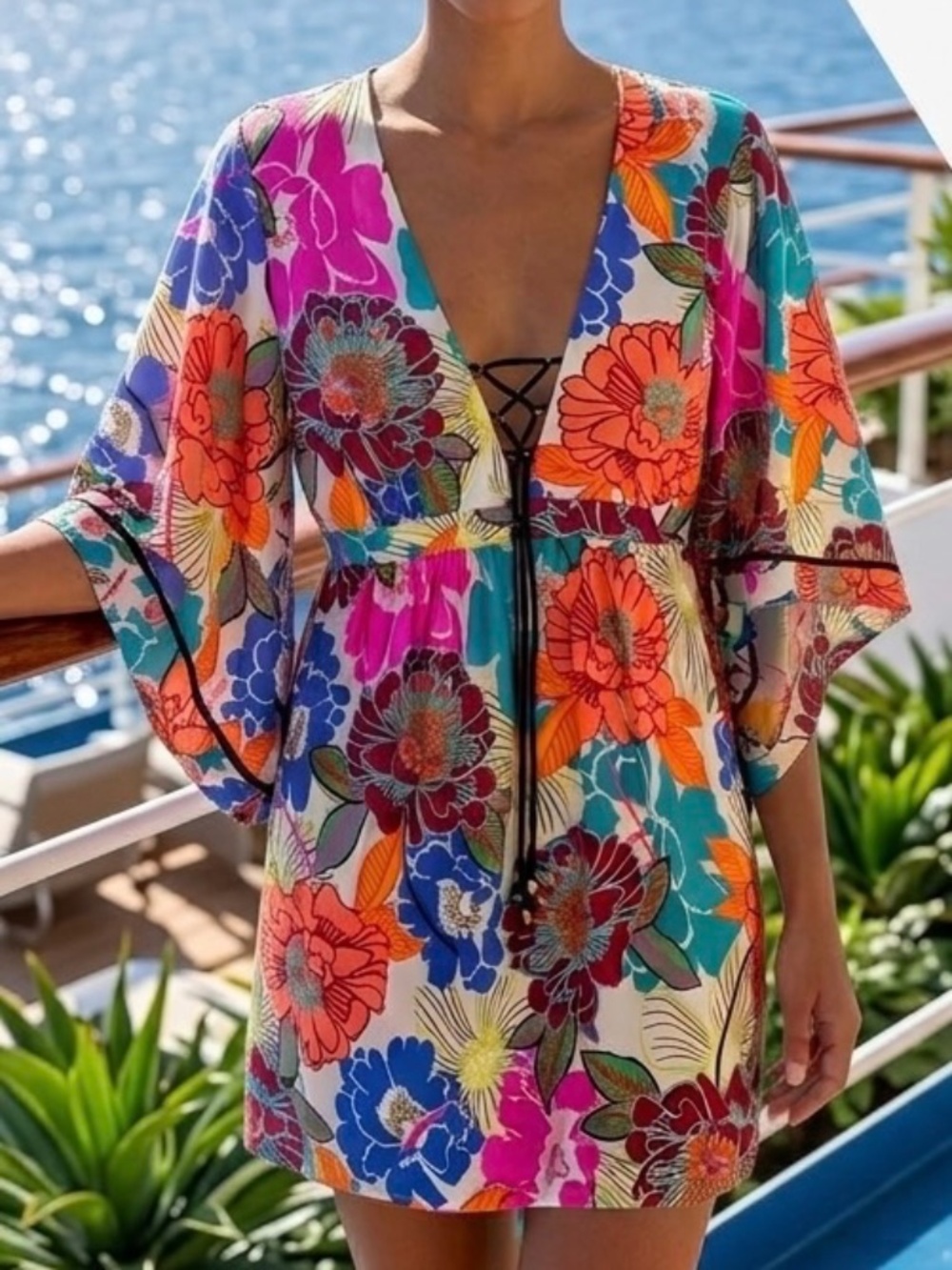 Trina Turk Radiant Blooms Tunic Swim Cover Up Dress L Luxury Cruise Resort Boho